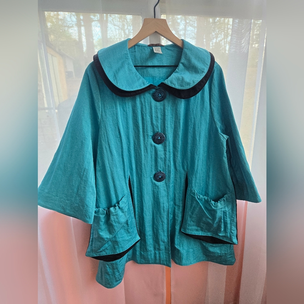 VINTAGE Teal Peter Pan Collar Swing Blazer Jacket with Black Trim